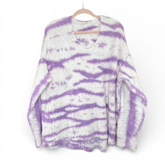 FP Movement Sweaters - NWOT Free People Movement Oversized Purple & White Fuzzy Tie Dye V-Neck Sweater